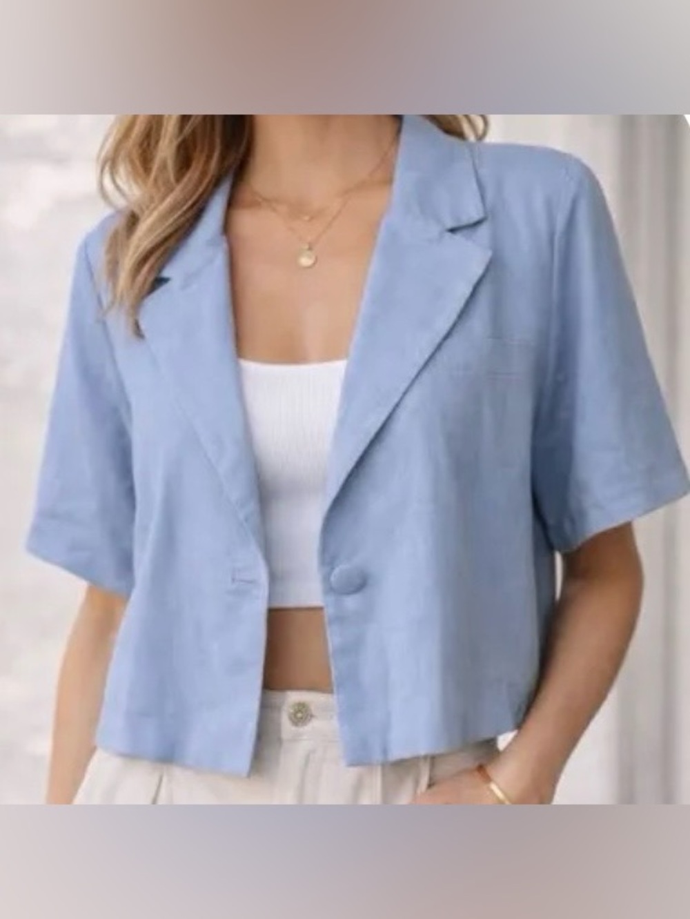 Abercrombie & Fitch Cropped Linen Blazer Short Sleeve Blue L